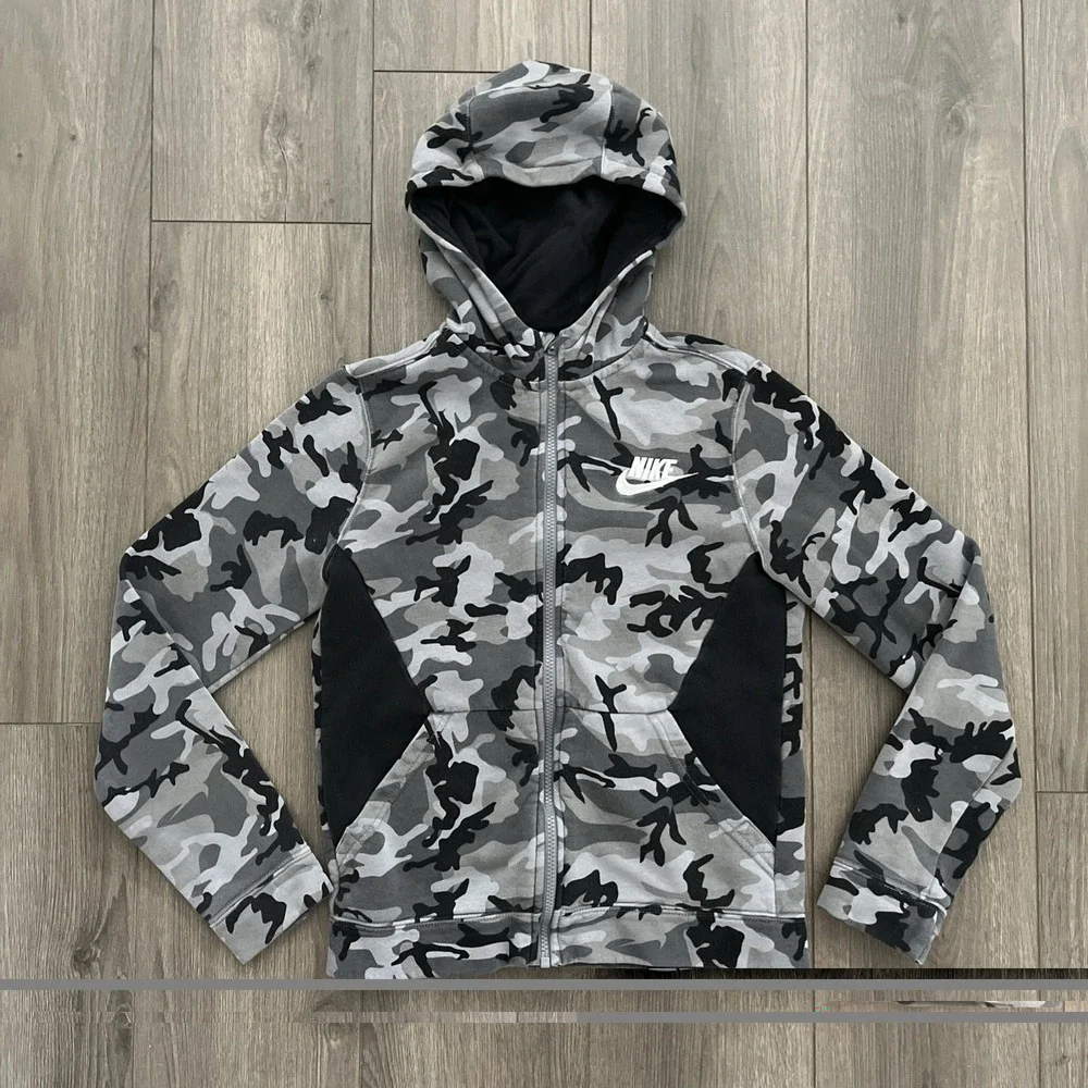 Nike Full Zip Sweatshirt Hoodie Boys L Gray/Black Camo Pockets Fleece Cotton